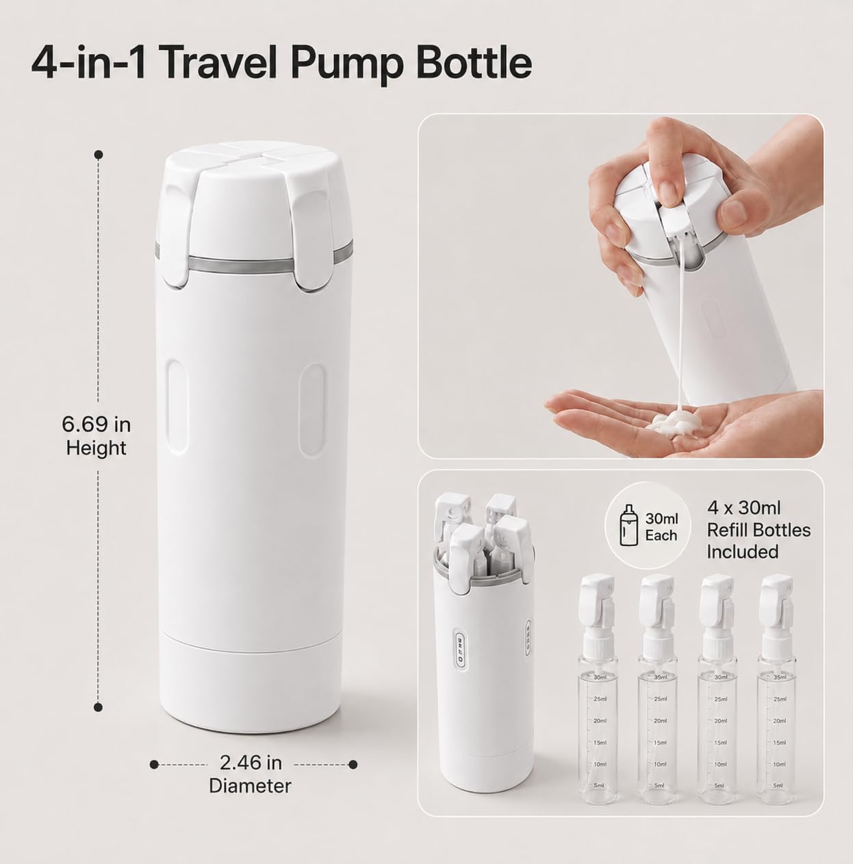 DIKJAK 4-in-1 Detachable Travel Dispenser Bottles Set Foldable Pump Leak-Proof, Carry-On Compliant 30ml/1OZ Refillable Containers for Shampoo Lotion Body Wash with Protective Case
