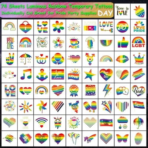 CHARLENT Glow in The Dark Rainbow Temporary Tattoos - Waterproof & Easy to Remove, 74 Styles for Pride & Parties