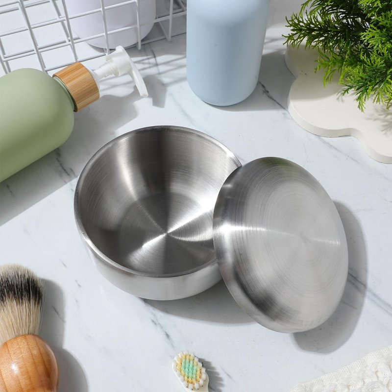 DEARMAMY Stainless Steel Shaving Bowl with Lid, Double Layer Heat Insulation Soap Mug, Mirror Polished Lathering Dish for Traditional Wet Shaving