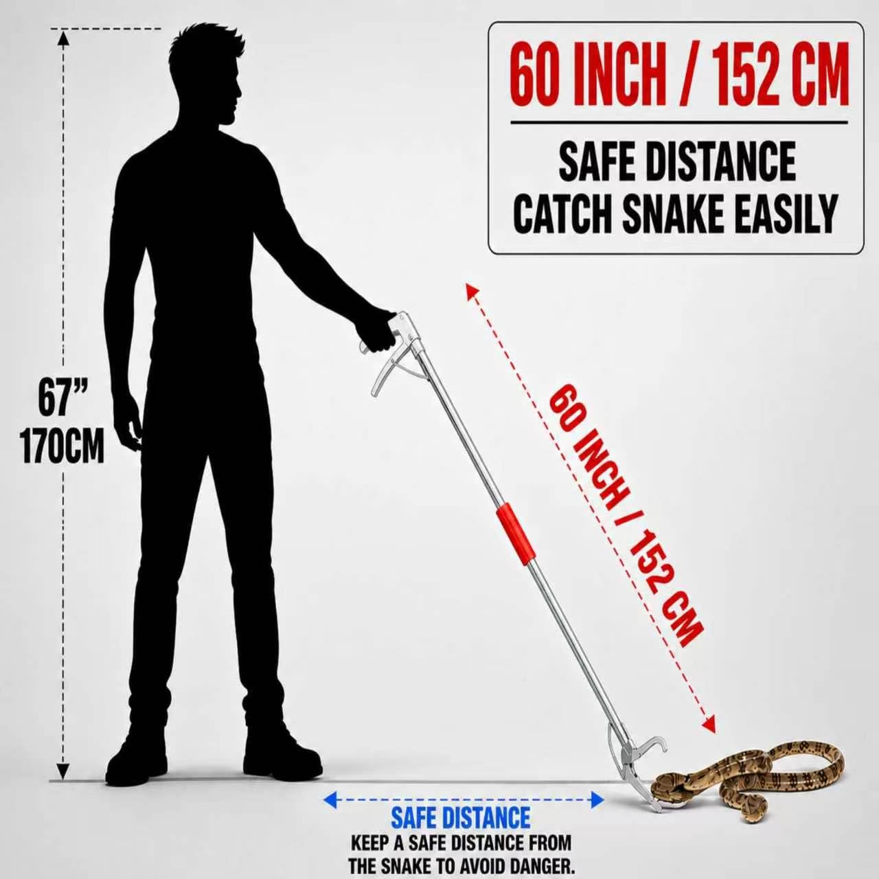 Uppernut 60" Snake Grabber, Collapsible Snake Tongs All-Stainless Steel, Humane Rattle Snake Reptile Catcher Pincher, Smooth Wide Jaw Hangling Tool with Lock