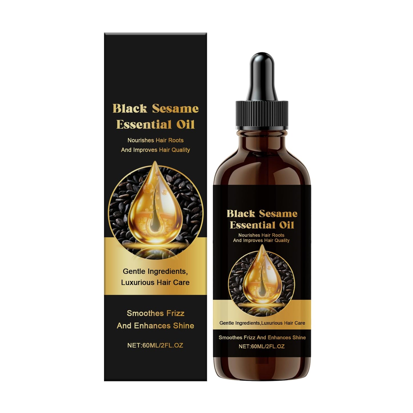 Black Sesame Hair Growth Oil, Volumizing and Moisturizing, Deep Nourishing Treatment for Dry Damaged Hair, Fuller Hair, Reduces Hair Loss & Breakage, All-Natural Formula, 2 fl oz