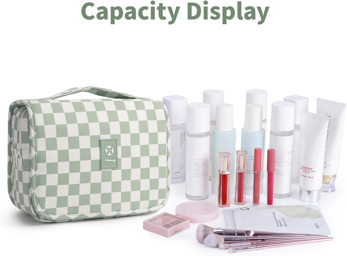 Narwey Small Hanging Travel Toiletry Bag - Checkered Makeup Organizer for Women | Mint Green Checkerboard