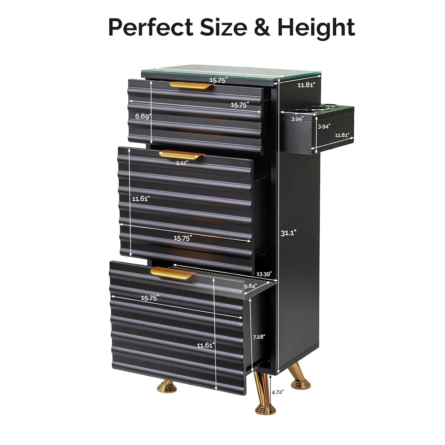 Professional Salon Station - Tempered Glass Top, 3 Drawers, Heat Resistant Tool Holders | Black Barber & Stylist Storage Cabinet