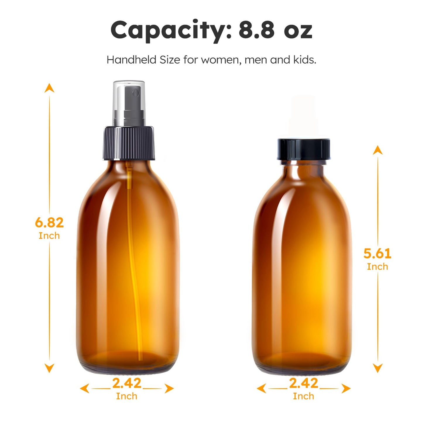 Tecohouse Amber Glass Spray Bottles 8.8 oz, 3 Pack Empty Spray Bottle for Essential Oils, Small Glass Bottles for Cleaning Solutions, Plants, Hair with Durable Nozzle, Labels, Funnel