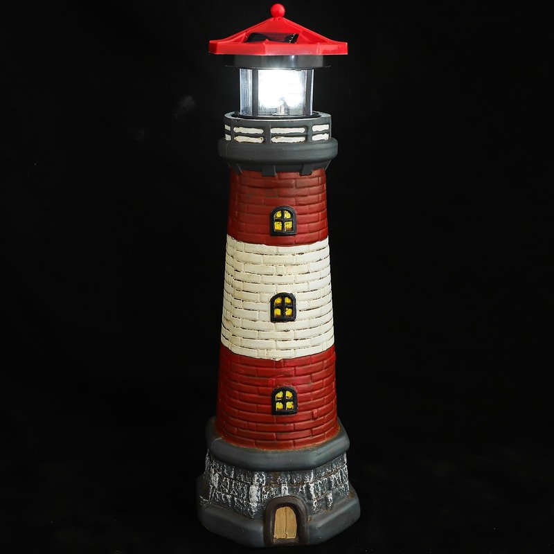 Solar Lighthouse Outdoor Statues, 360° Rotating Beacon Garden Lighthouse, 15" Light House for Outside Garden Yard Decor, Waterproof Resin Nautical Figurines for Patio Lawn Landscape Lighting (Red)