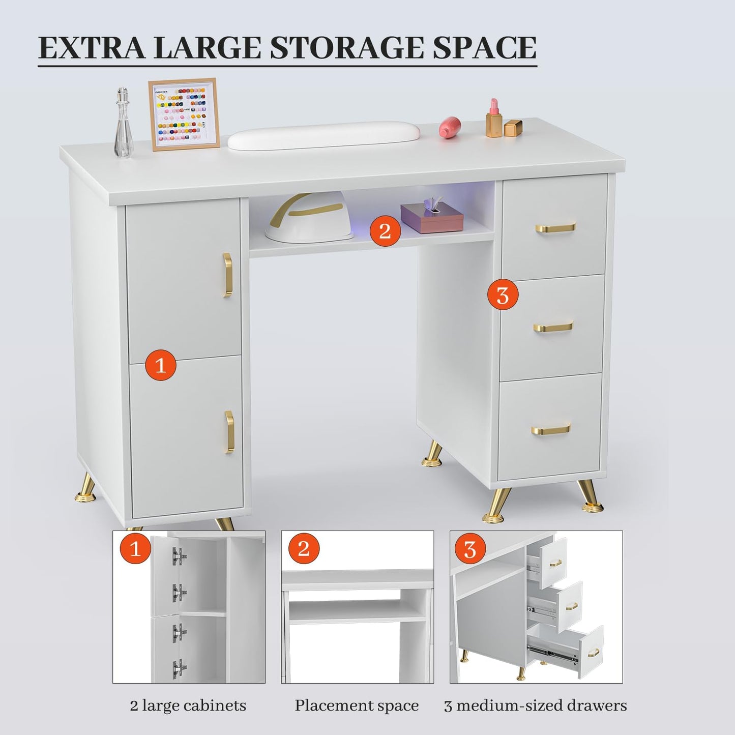 Charmmade Nail Desk for Nail Tech, Professional White Nail Desk with Wrist Pad, Acetone-Resistant Manicure Table with Storage Cabinet, Sturdy Metal Legs Nail Table for Salon, Spa, Home(White-Gold)