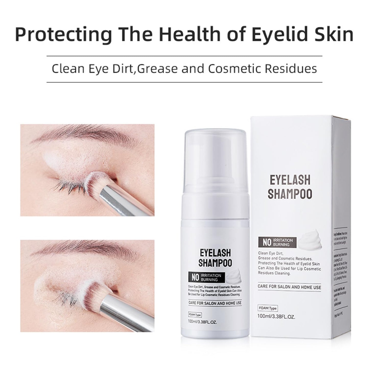 Eyelash Extension Cleansing Foam - 3.4 fl.oz Lash Shampoo with Applicator Brush, Safe Makeup Remover for Extension & Natural Lashes, Oil-Free Foaming Formula