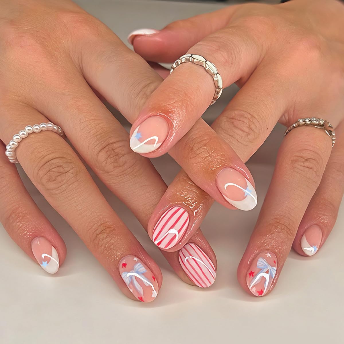 Almond Press-On Nails - Leaf Design Green Full Cover Glossy Fake Nails | 24PCS for Women