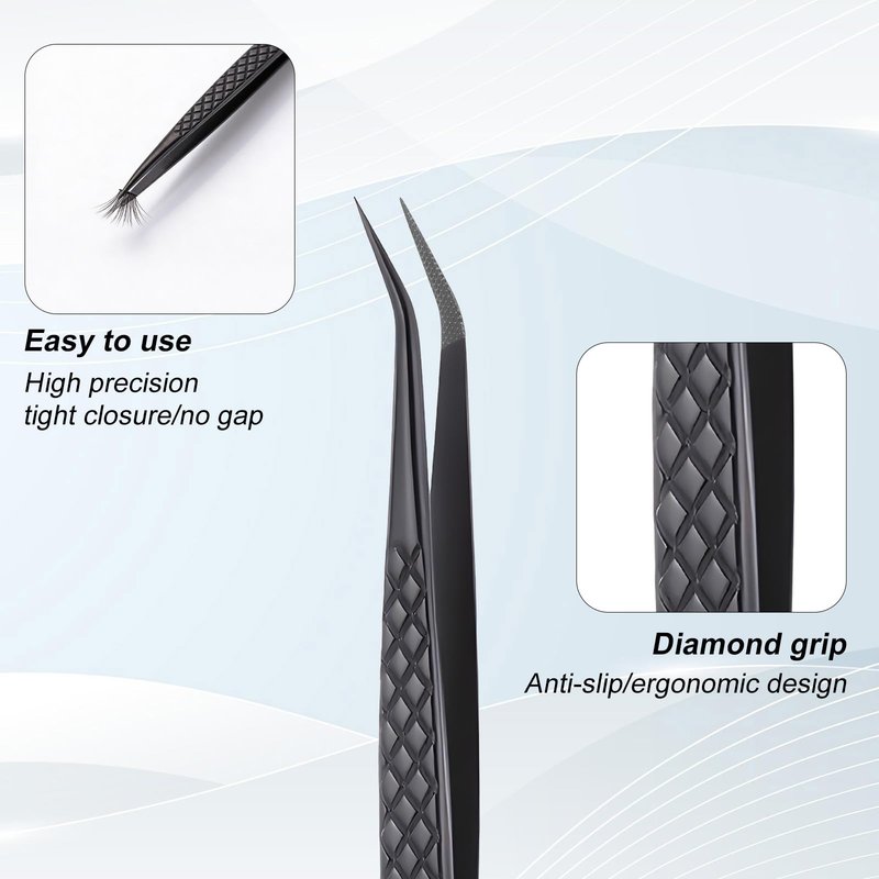 Eyelash Extension Tweezer Professional Lash Tweezers for Eyelash Extensions Fiber Tip Diamond Grip Isolation Tweezer Precision Stainless Steel Curved Tweezers for Classic and Volume Lash