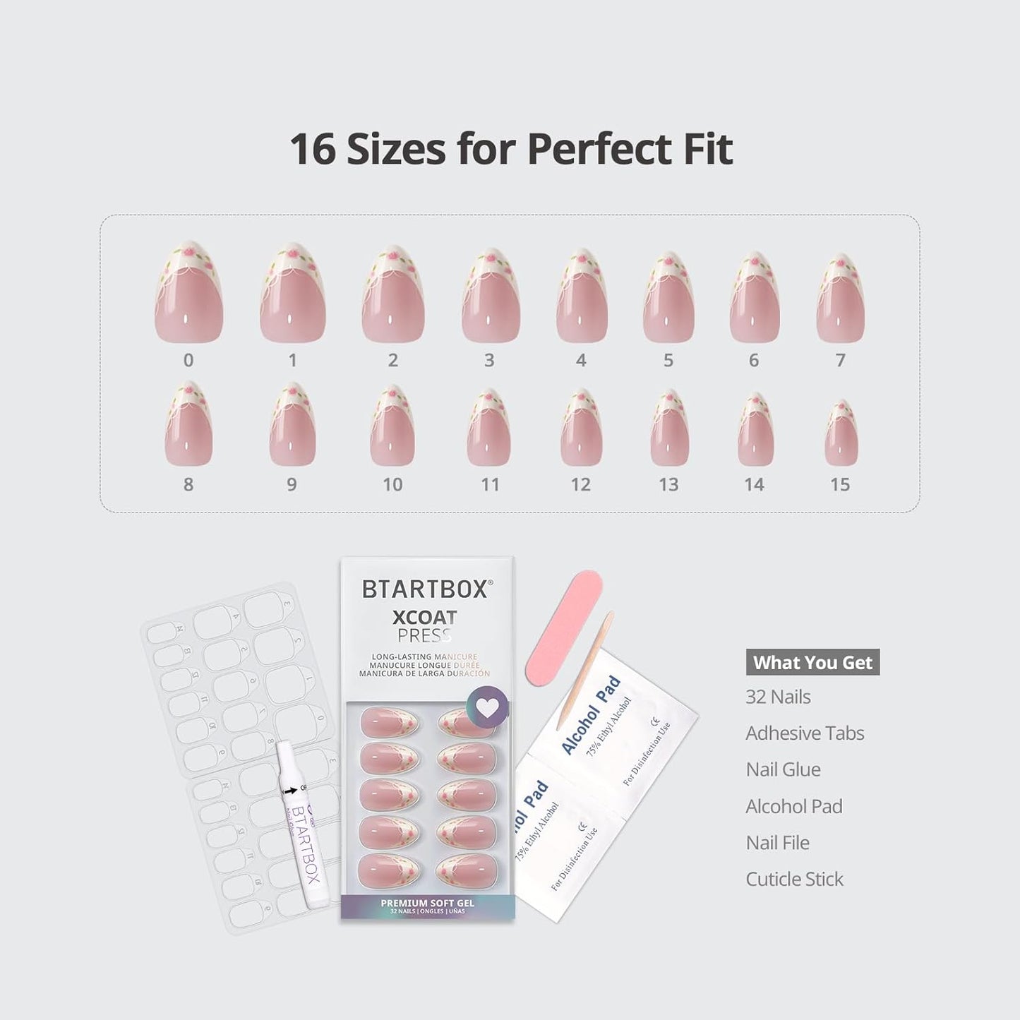 French Tip Press On Nails - Sunprint Dress | Lamp-Curable 4-Week Wear, Pink Short Almond, 16 Sizes, 32 Nails Kit
