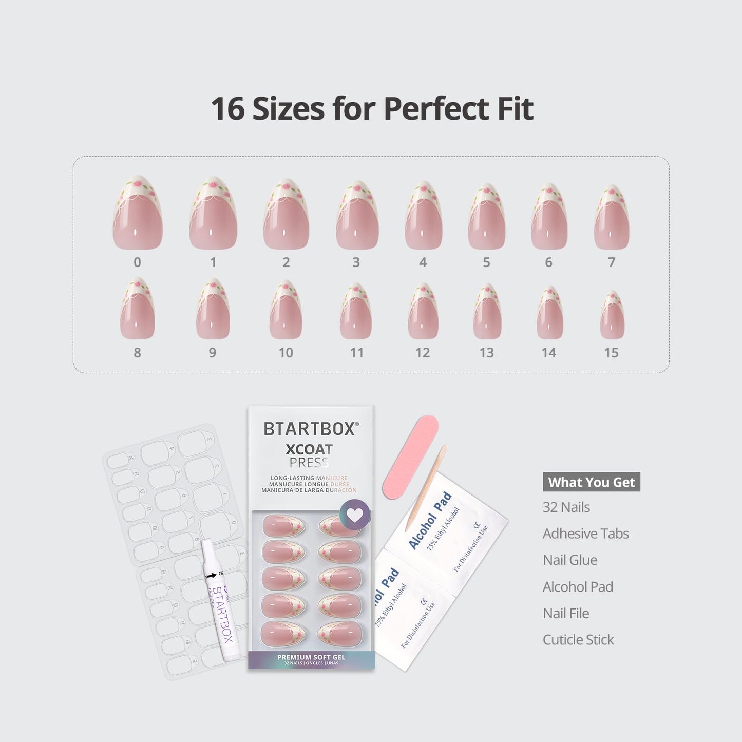 BTArtbox French Tip Press On Nails - Sunprint Dress, Lamp-Curable 4-Week Wear Pink Short Almond Press On Nails with Glue and Adhesive Tabs, Easy-to-Apply in 16 Sizes - 32 Nails All-in-One Kit