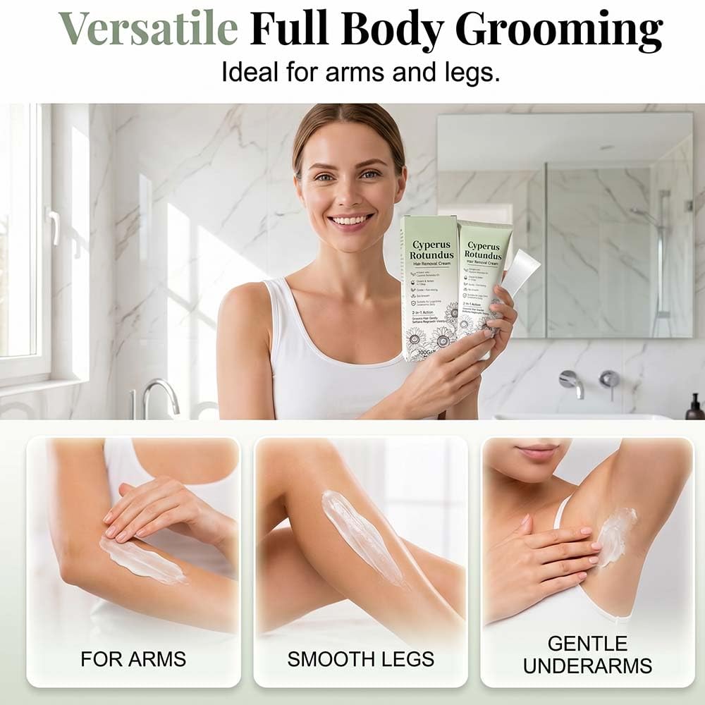 Cyperus Rotundus Oil Hair Removal Cream - Painless 2-in-1 Moisturizer for Arms, Legs & Underarms | 3.52 Oz