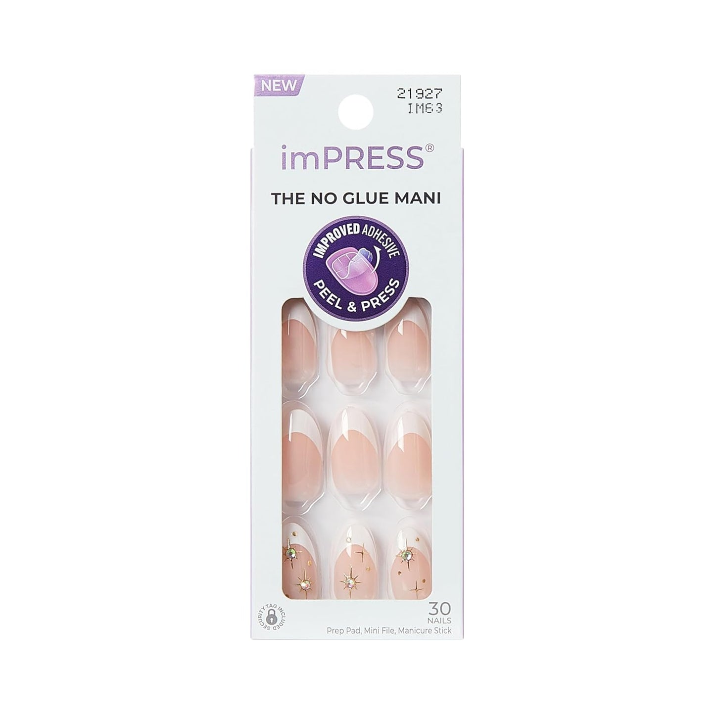 Impress No Glue Mani Press-On Nails - 'Star Player' Design | White Almond Shape, Medium Size, 30 Nails & Accessories