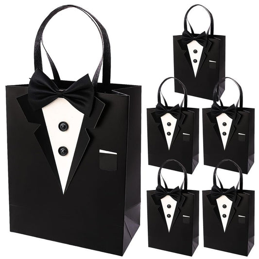 Crisky 6 Pack Classic Black 3D Tuxedo Gift Bags Real Bow Tie, Buttons for Groomsman Father's Birthday Anniversary Wedding Favor 10" x8" x4"