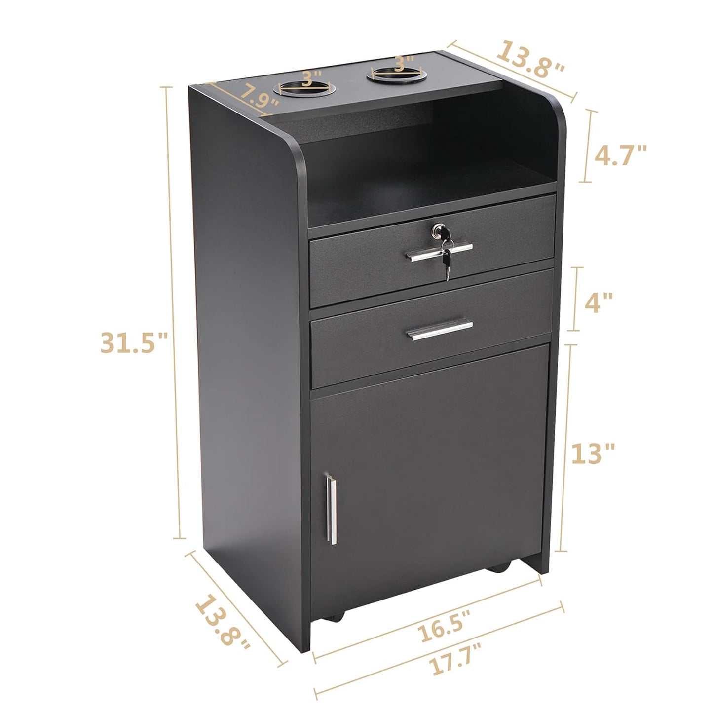 Hair Salon Station - Mobile Trolley Cart with Locking Drawer & 2 Hair Dryer Holders | Black