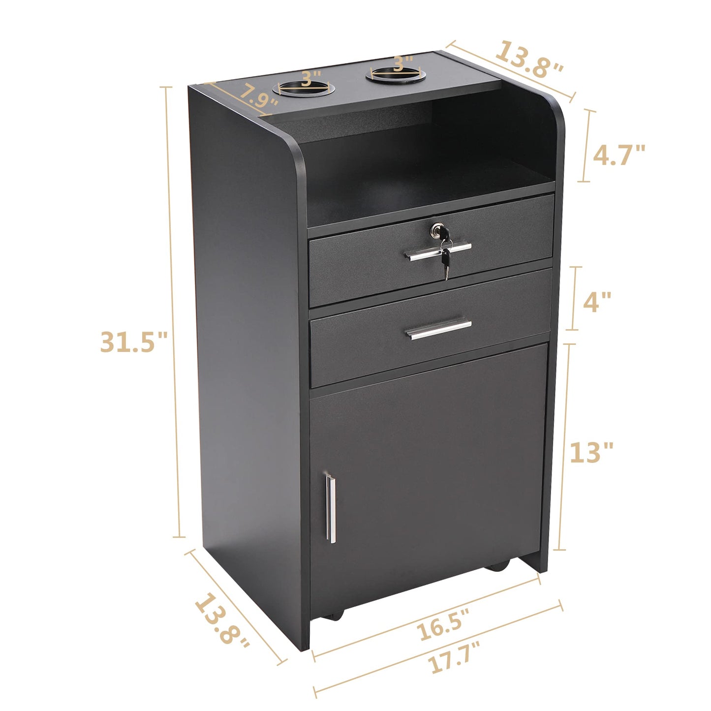 PENNYNANA Hair Salon Station,Salon Trolley Cart with Wheels,Barber Storage Cabinet with Locking Drawer, Hair Stylist Station with 2 Hair Dryer Holders, Black