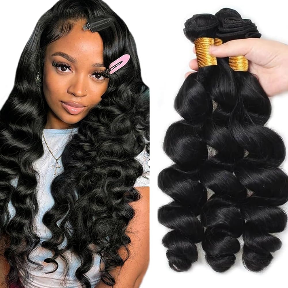 LadrXadr Human Hair Bundles Loose Wave Bundles 28 30 32 inch #1B Loose Body Wave Bundle Natural Black Bundle