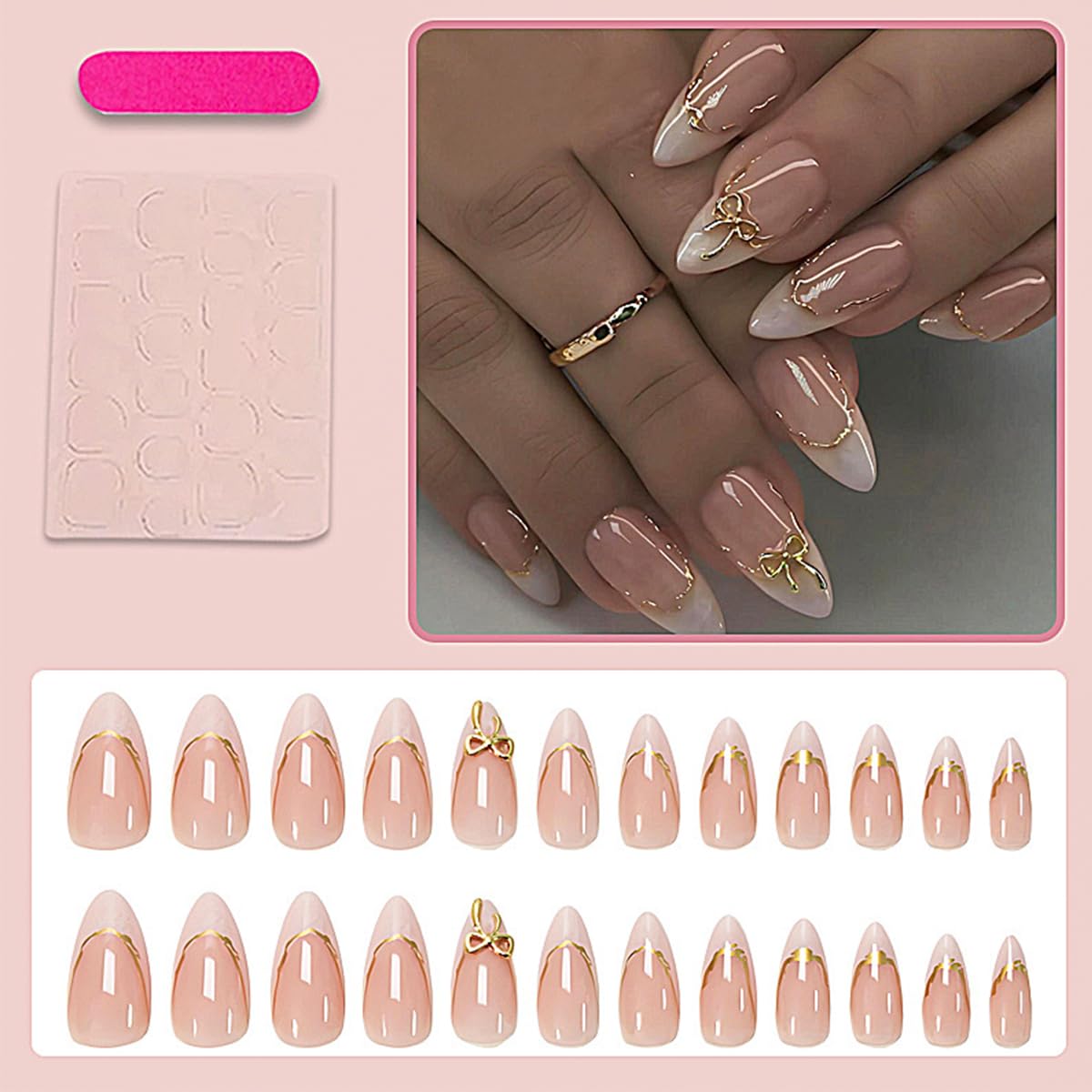 Almond Press-On Nails - White French Tip with 3D Gold Bow | Reusable Acrylic Full Cover, 24 Pcs