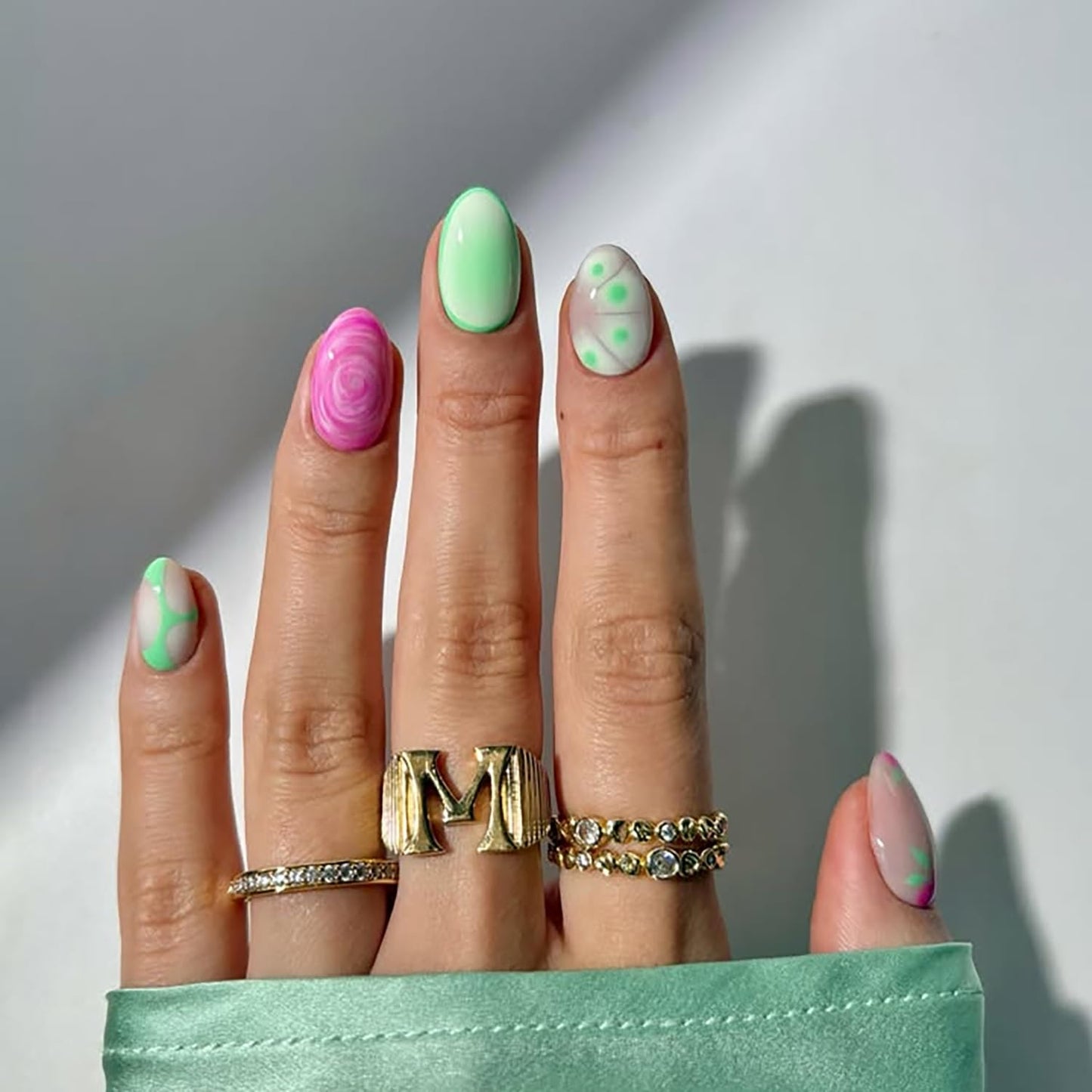 Short Press-On Almond Fake Nails - Rose Pink Acrylic with Glossy Stripe Designs | Reusable Full Cover Nails for Women