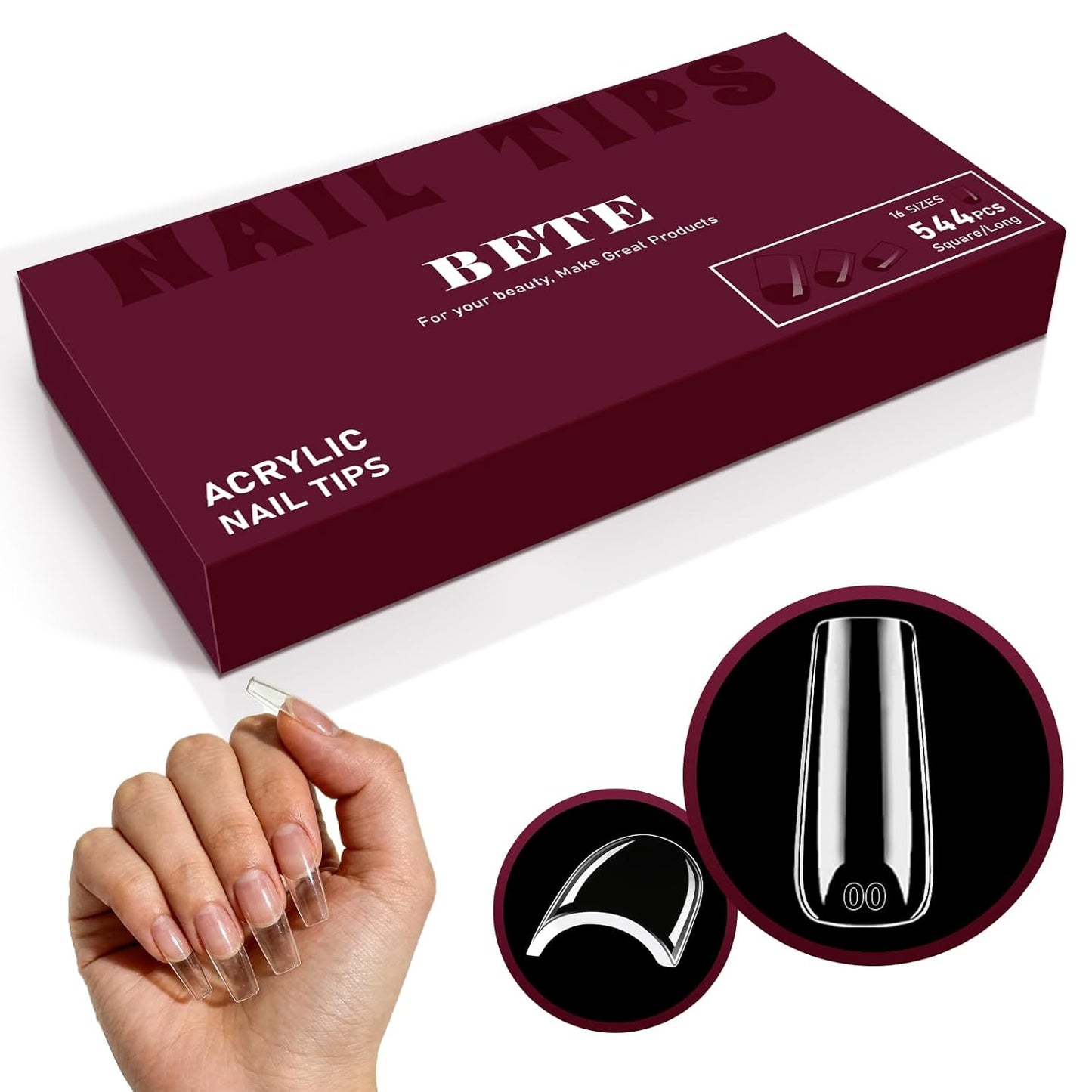 Medium Almond Clear Acrylic Nail Tips - 224 Pcs in 16 Sizes | Pre-Shaped Strong Press-On Nails for DIY Manicure