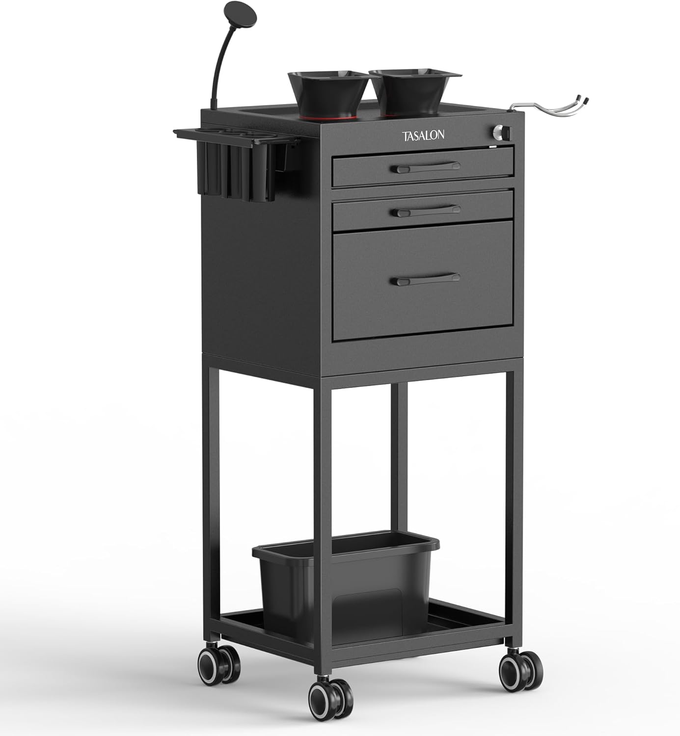 TASALON Salon Trolley Cart - Lockable Metal Rolling Organizer with Drawers & Phone Holder | Black