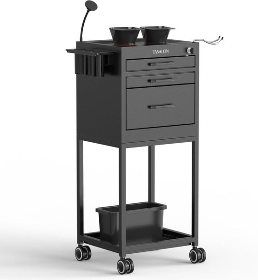 TASALON Salon Trolley Cart - Lockable Metal Rolling Organizer with Drawers & Phone Holder | Black