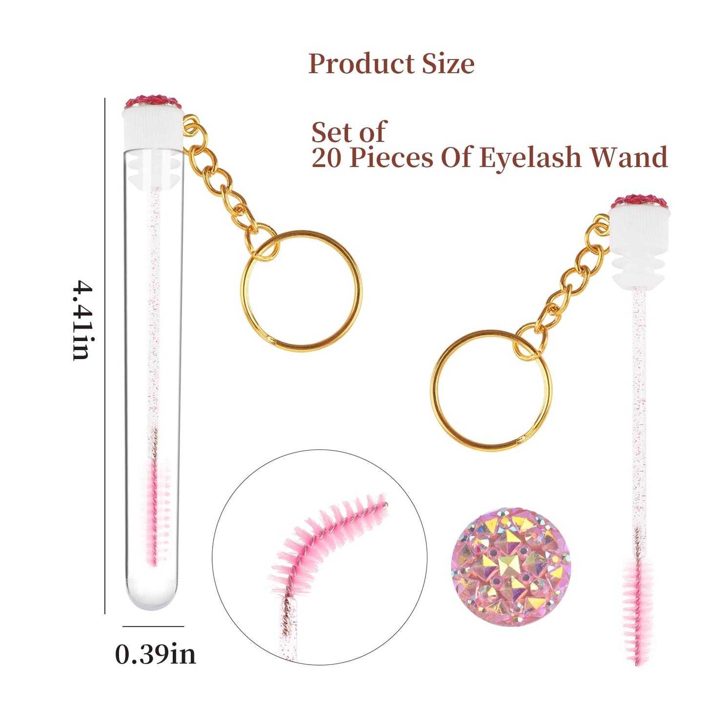 Mekupeu 20pcs Mascara Wands Set Crystal Eyelash Spoolies Eyebrow Brush and Reusable Diamond Key Chain Tube Eyelash Extension Supplies (Pink)