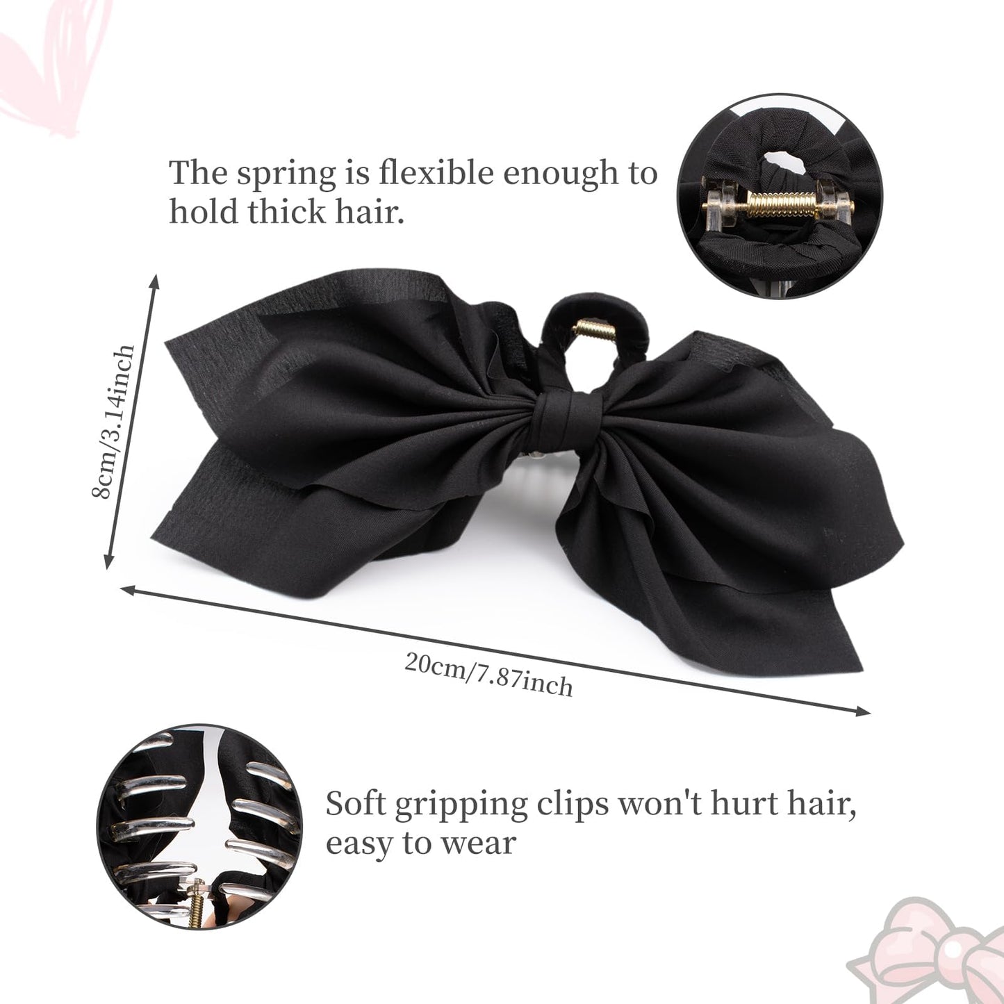 2 PCS Hair Bows, Large Paisley Fabric Bow Hair Claw Clips, Non Slip Grips for Thick Hair Women Hair Accessories(White+Black)