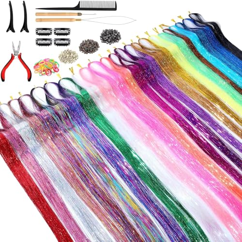 Hair Tinsel Extensions Kit with Tools - 48 Inch, 24 Colors, Easy to Use