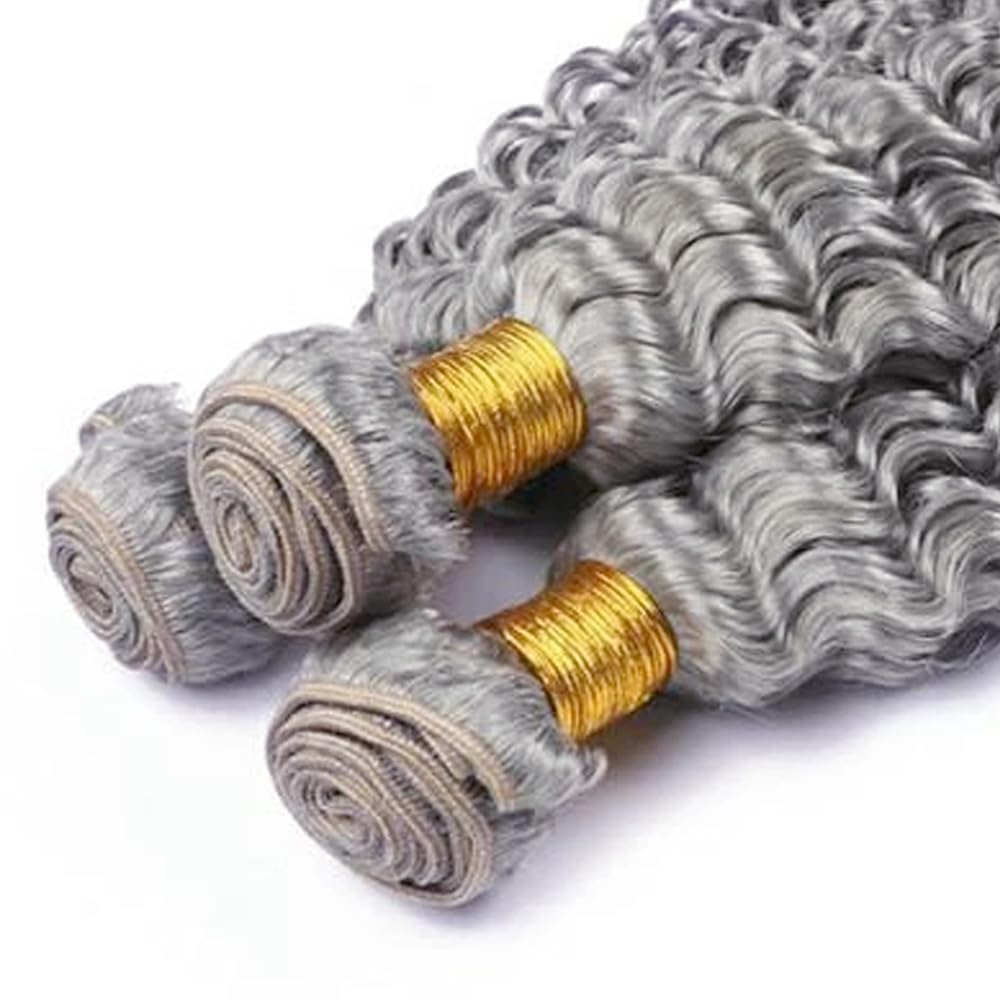 Grey Deep Wave Human Hair Bundles Deep Wave Hair 3 Bundles Human Hair 300g Grey Color Brazilian Virgin Human Hair Extensions Unprocessed Hair Bundles for Women 16 18 20 Inch