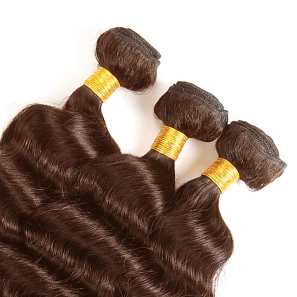 HeioWuio 16 18 20 Inch #4 Brown Bundles Deep Wave 3 Bundles Human Hair Brazilian Remy Hair 50 Grams/Bundle Unprocessed Virgin Hairs Chocolate Brown Color Deep Wave Bundle Weaves Extensions