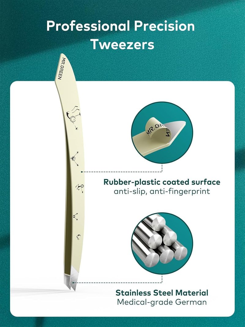 MR.GREEN Tweezers,Professional Precision Eyebrow Tweezers for Women and Men, Tweezers for Facial Hair Women, Stainless Steel Slanted Hair Removal Tweezers, Eyebrow Plucker, Ingrown hair tweezers