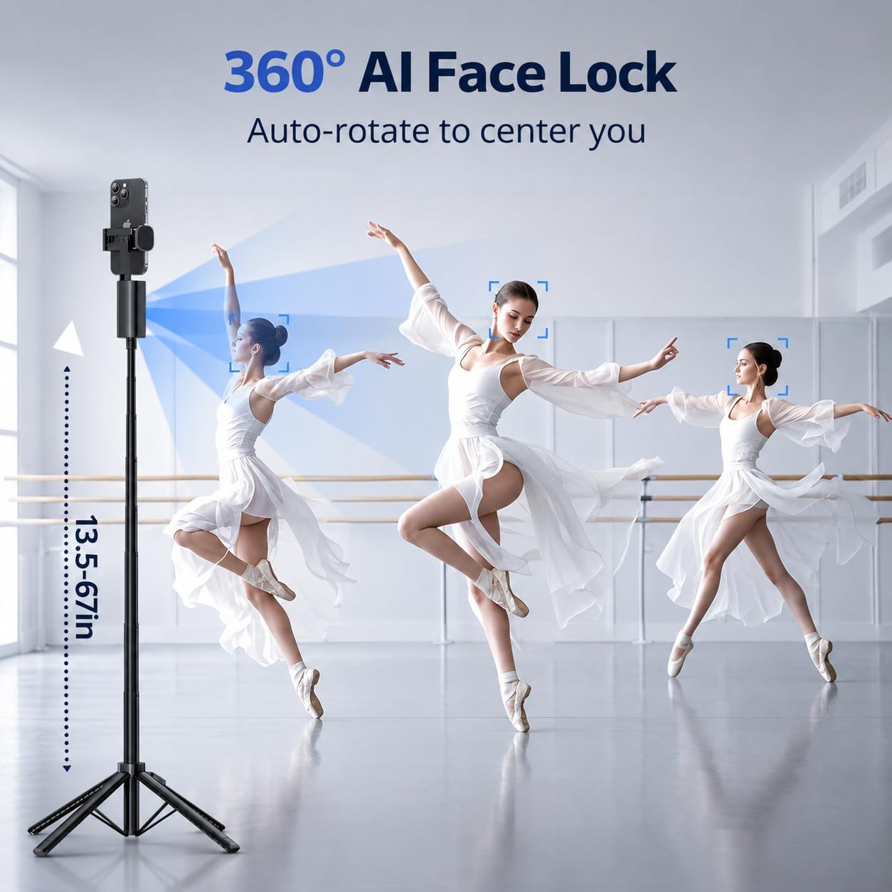 UBeesize 67" Auto Face Tracking Tripod - 360° AI Follow Selfie Stick for iPhone & Android | Perfect for TikTok & Vlogging