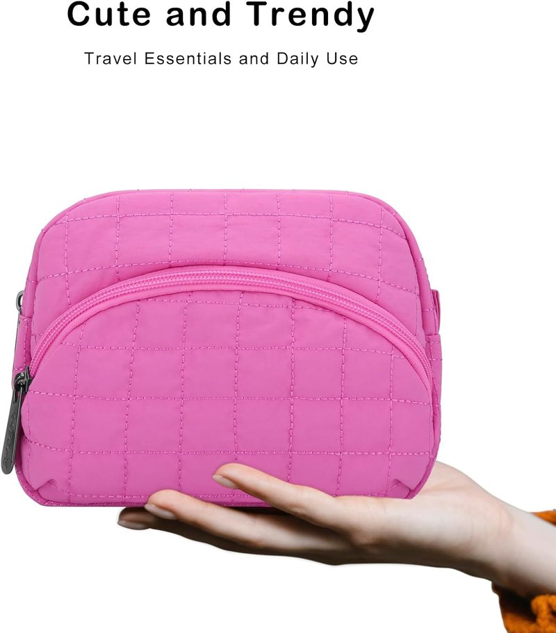 Quilted Makeup Bag - E-Tree Puffer Cosmetic Pouch for Women | Travel Toiletry Organizer Case (Pink)