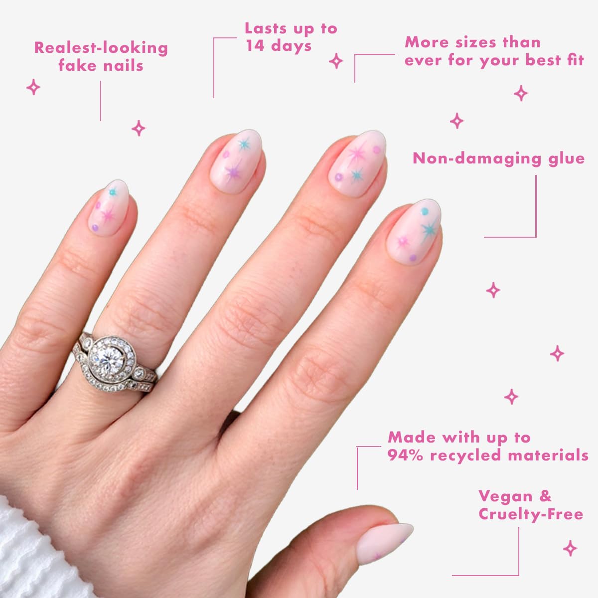Maximalist Press-On Nails | 42 Non-Toxic Fake Nails in 21 Sizes | Short Almond Sparkle Party Design