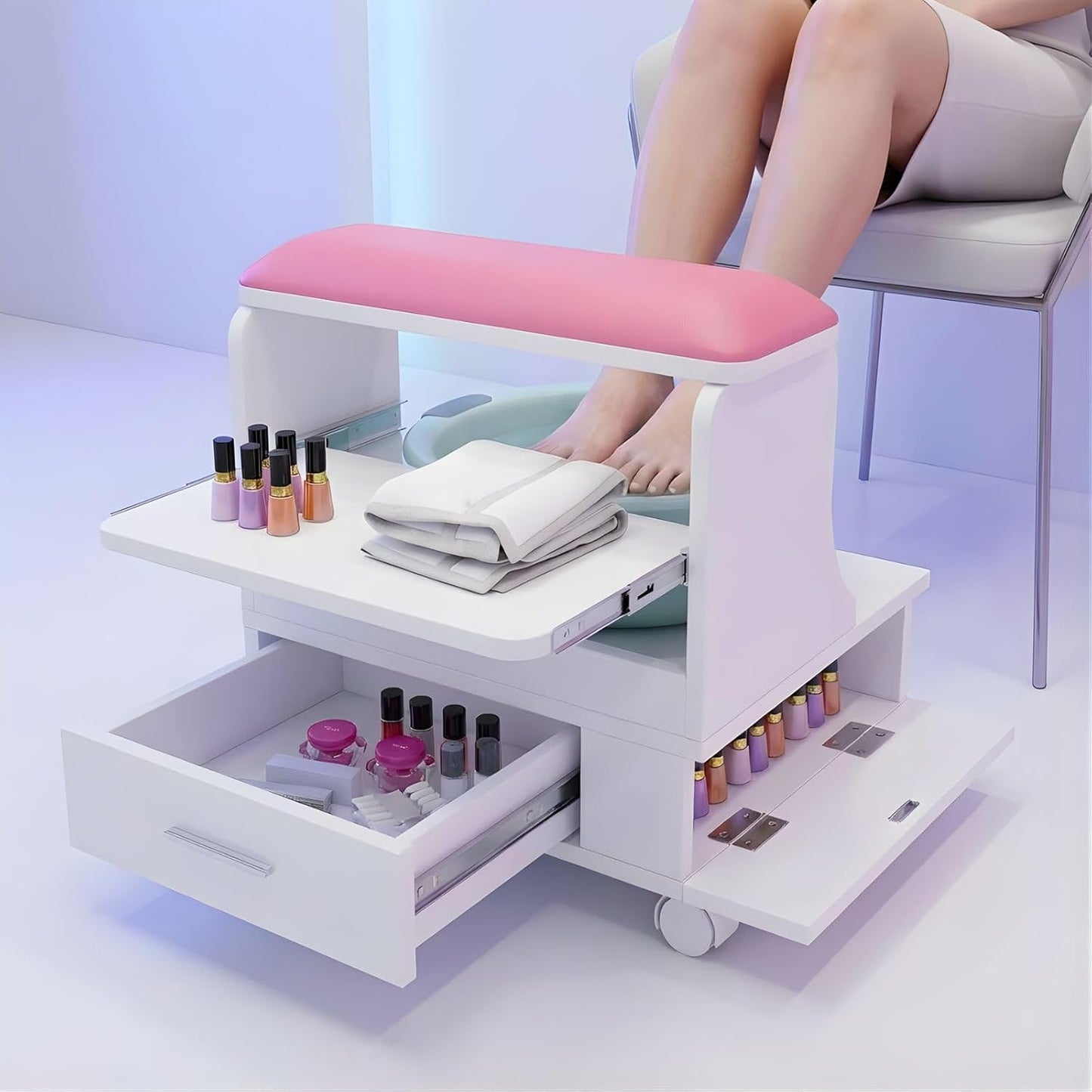 Rolling Pedicure Foot Rest Stool - PU Cushion Spa Station with Storage & Wheels | Pink