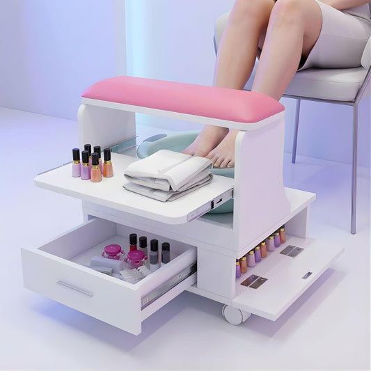 Rolling Pedicure Foot Rest Stool - PU Cushion Spa Station with Storage & Wheels | Pink