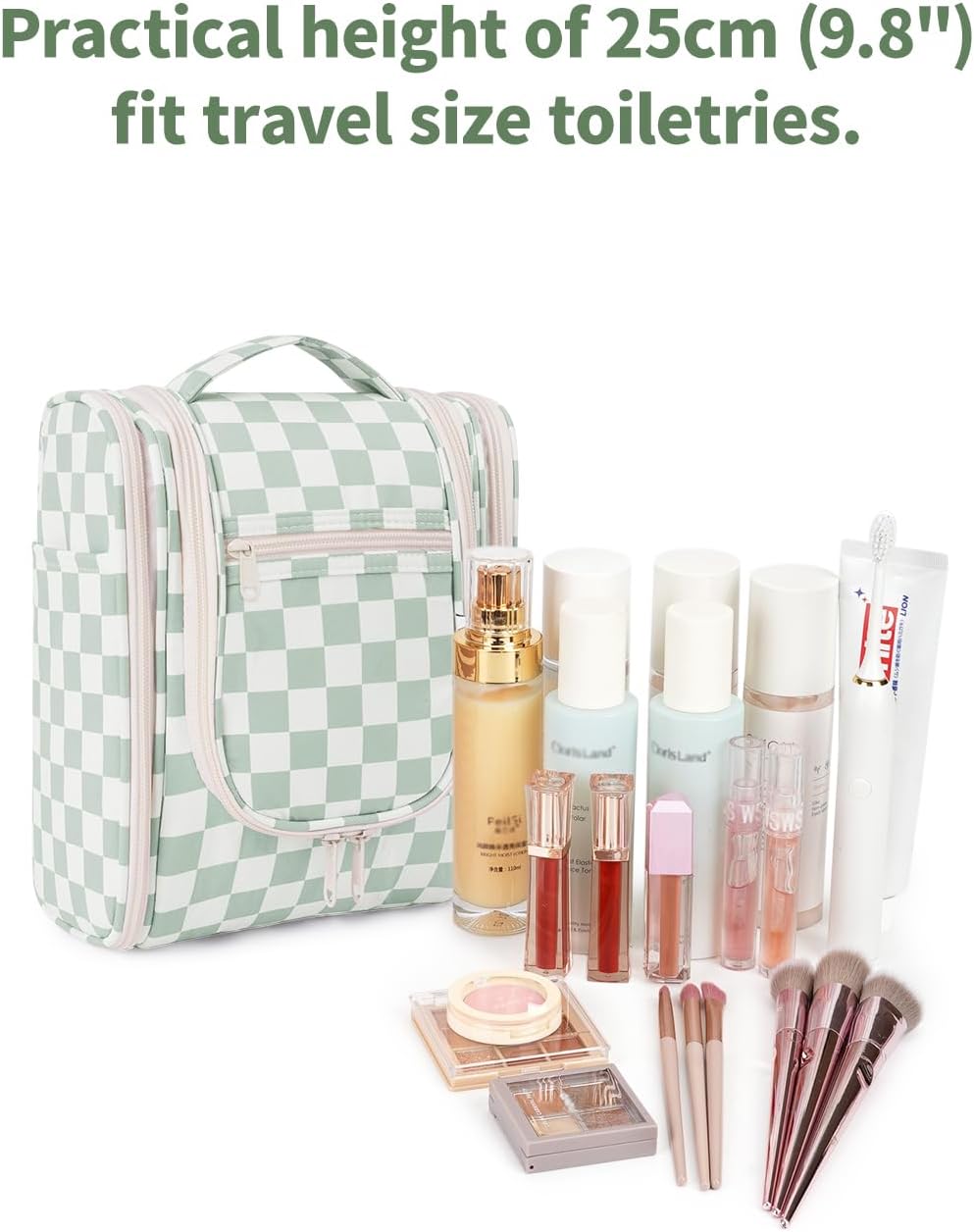 Narwey Hanging Travel Toiletry Bag - Checkered Makeup Organizer for Women | Mint Green Checkerboard Design