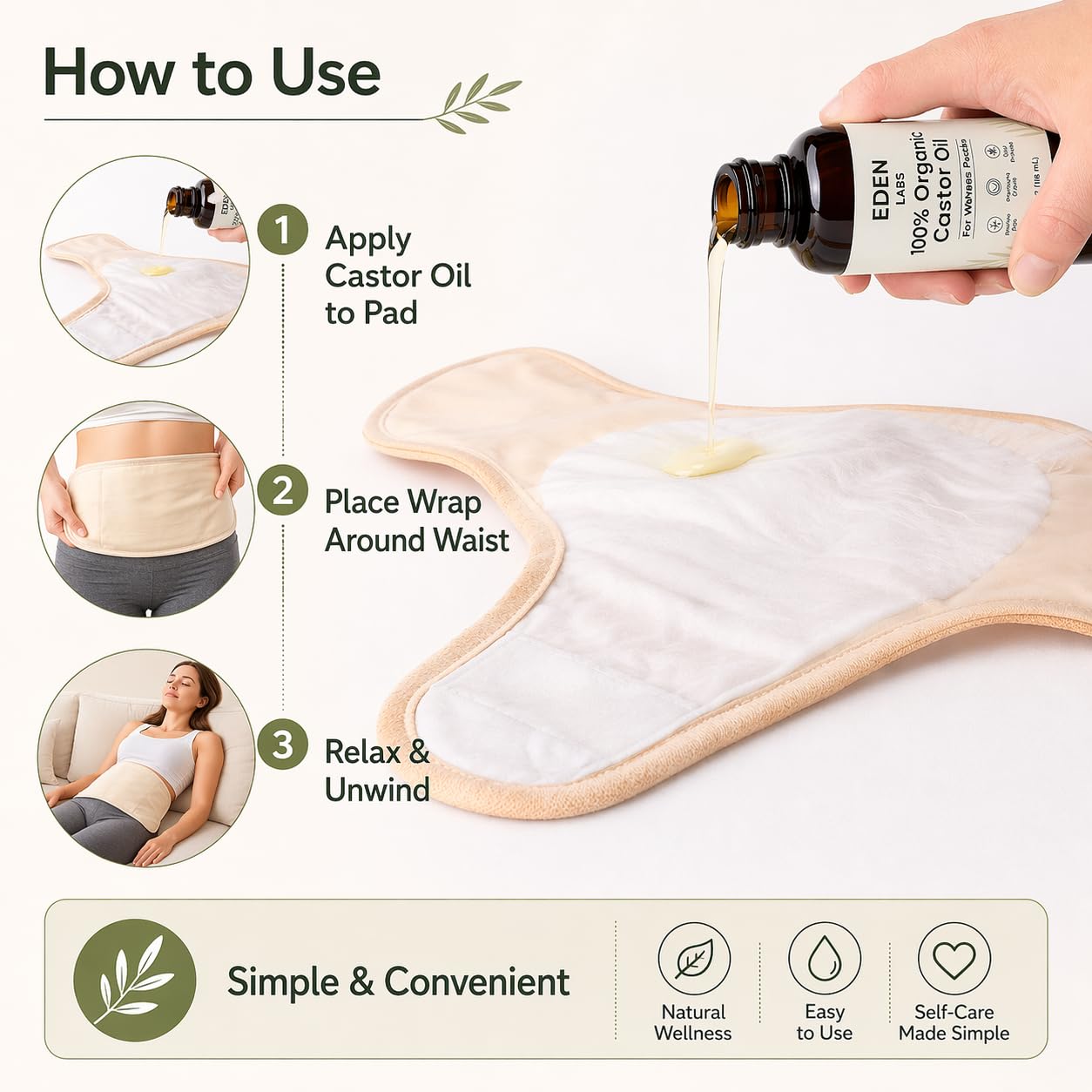 Eden Labs Castor Oil Pack, Reusable Castor Oil Wrap with 116ml, Comfortable Waist Pack for Daily Wellness Routine, Supports Relaxation & Digestive Comfort, Adjustable & Easy to Use