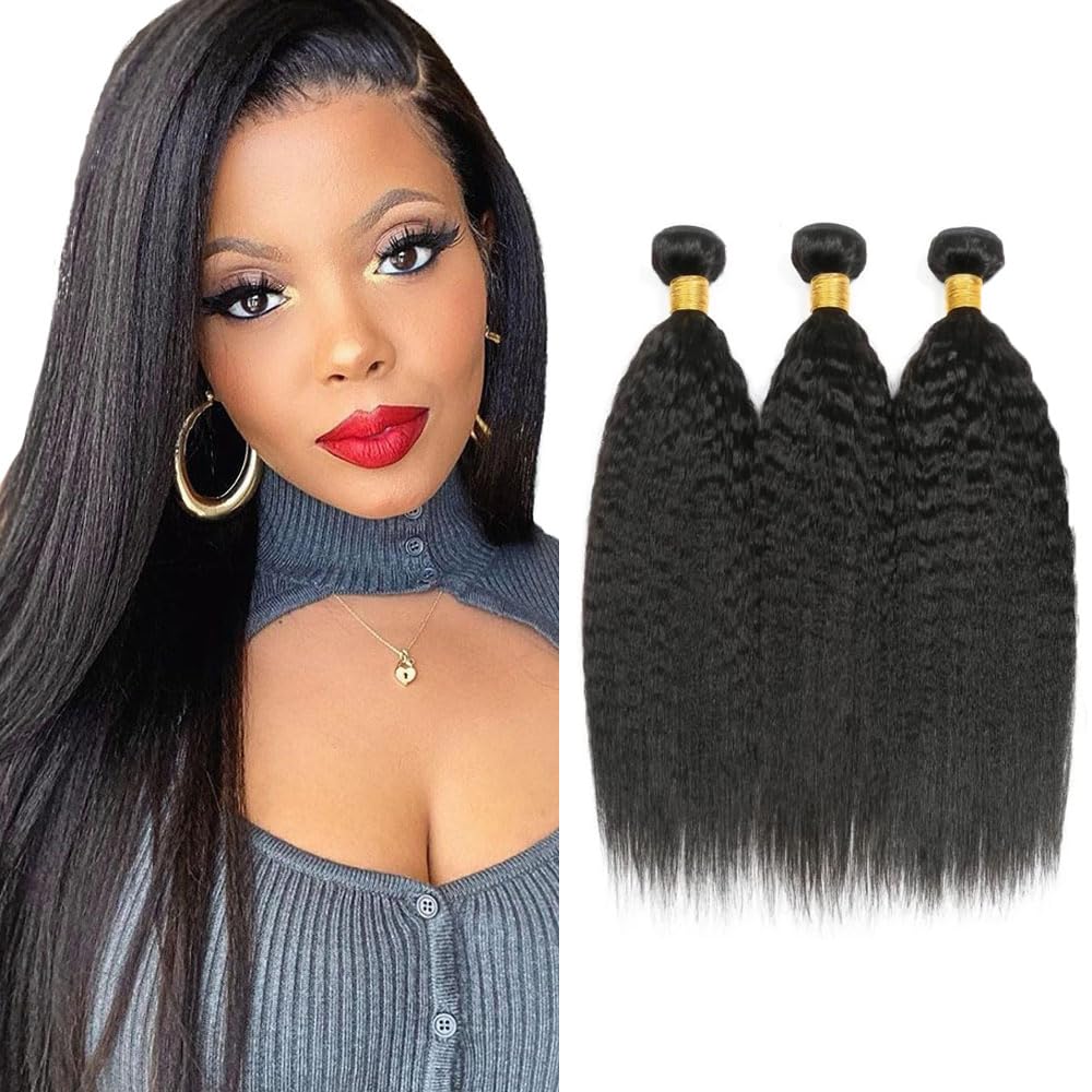 14 16 18 Inch Yaki Straight Bundles Human Hair 3 Bundles Brazilian Remy Hair 50 Grams/Bundle 10A Grade Unprocessed Virgin Hairs #1B Natural Black Color Kinky Straight Bundle Weaves Hair Extensions