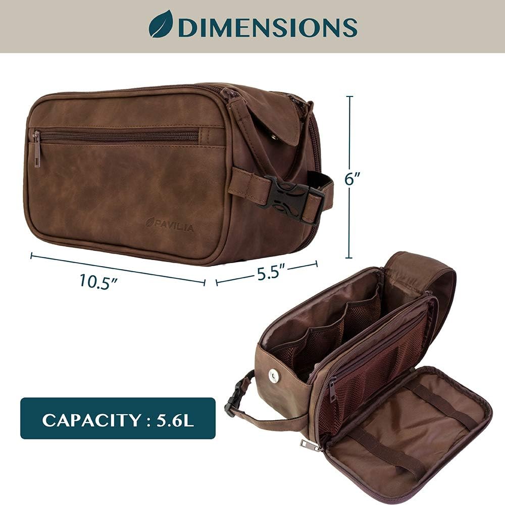 Toiletry Bag for Men - Travel Dopp Kit Organizer | PU Leather, Water Resistant, Dark Brown