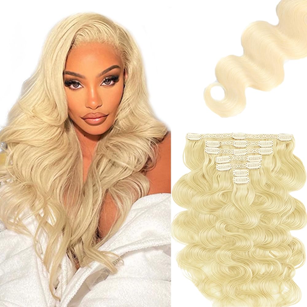 #613 Blonde Clip in Hair Extensions Real Human Hair, 16 Inch 120g/7Pcs,Full Shine Remy Human Hair,Blonde Body Wave Clip ins Brazilian Virgin Human Hair Extensions