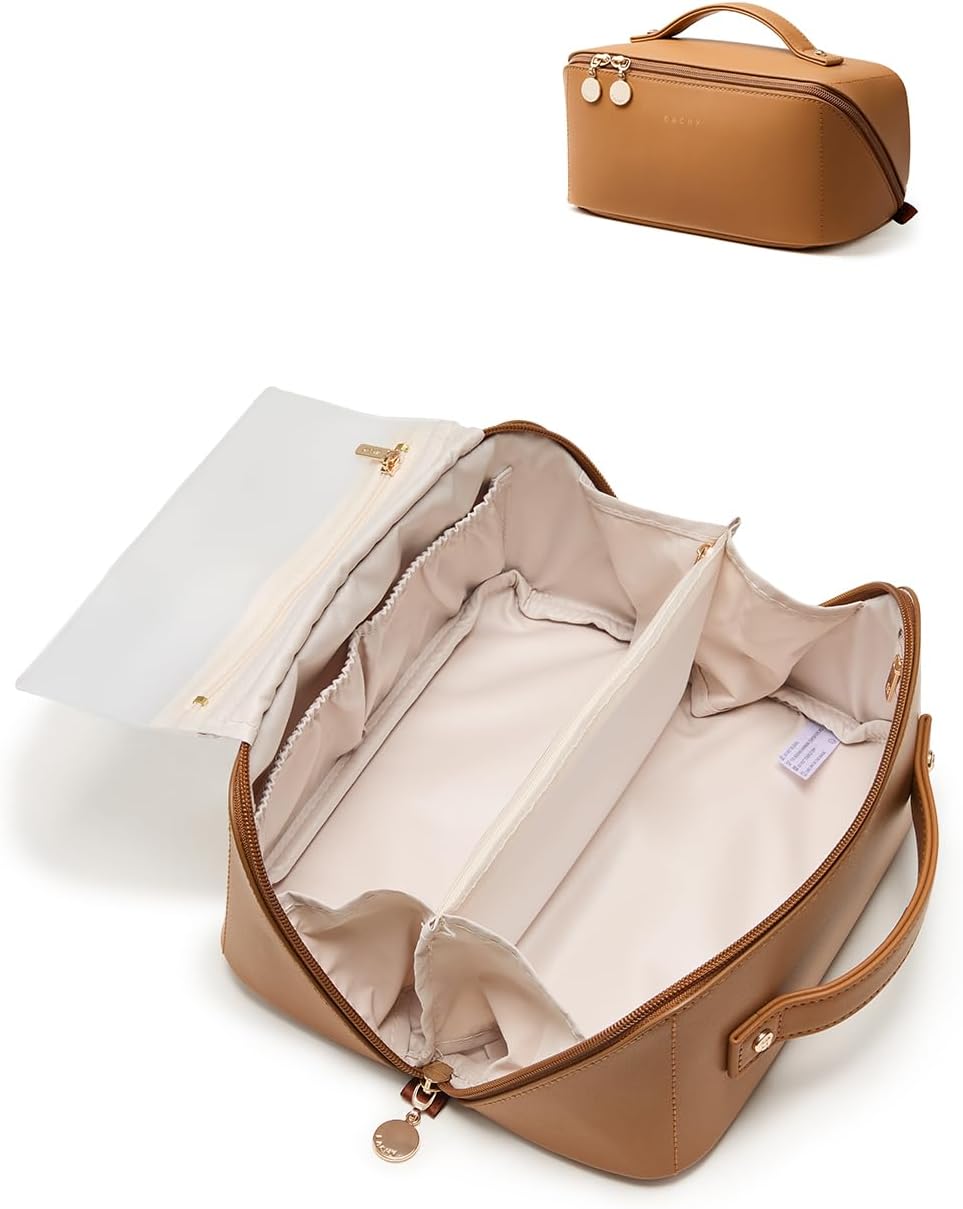 Travel Makeup Bag - Large Capacity Waterproof PU Leather Cosmetic Organizer for Skincare & Brushes | Portable Toiletry Bag