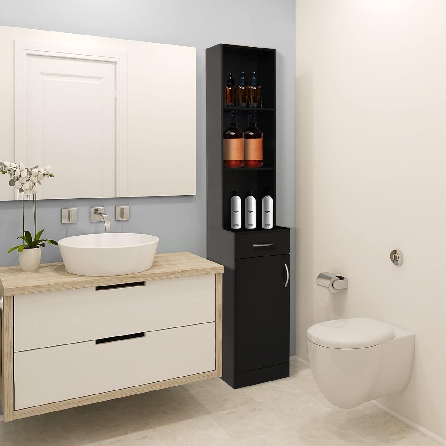 Salon Station - Barber Hair Stylist Storage Cabinet with 5 Compartments & Drawer | Durable MDF, Black