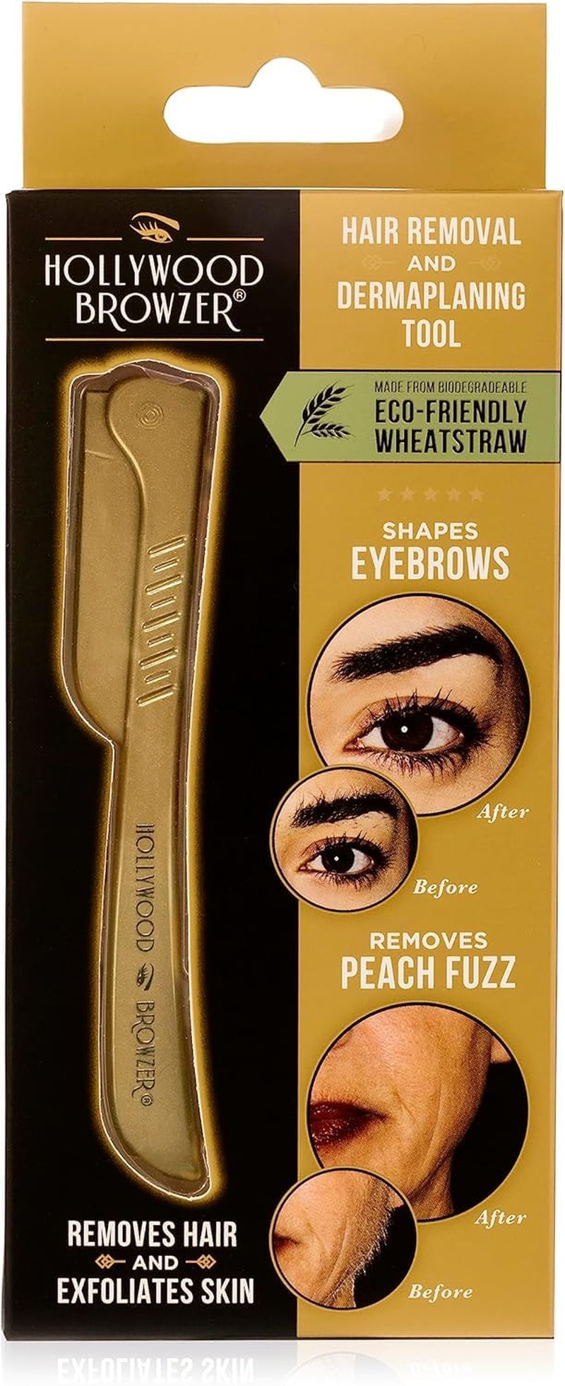 Hollywood Browzer Hair Removal and Dermaplaner - Eyebrow Razor for Women - Removes Peach Fuzz - Travel Size Eyebrow Grooming Kit - Gold - 1 pc