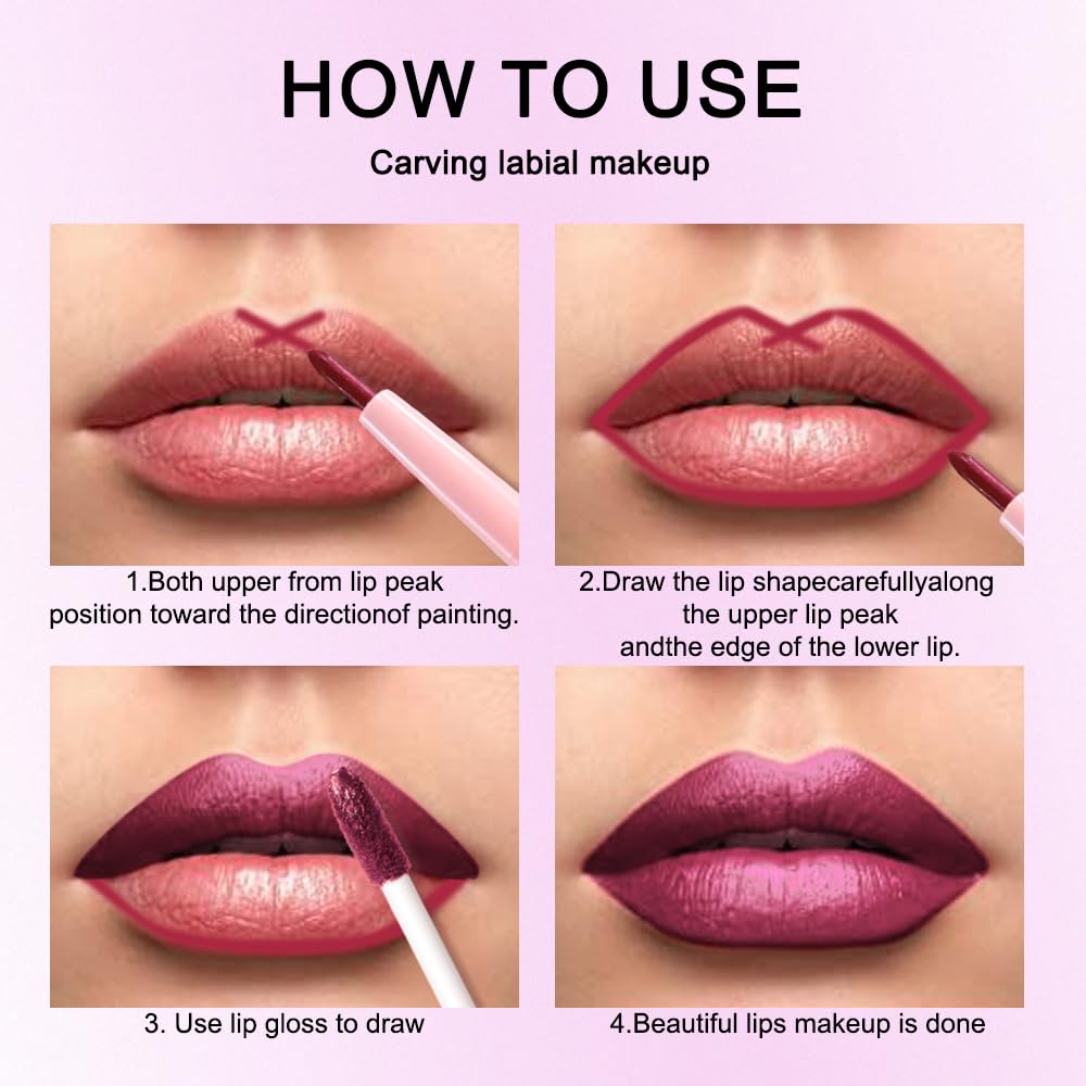 Dark Purple Red Metallic Glitter Lip Liner & Lipstick Combo - Long Lasting Waterproof Liquid Lipstick Set for Women | Iridescent Shine, Non-Stick Cup