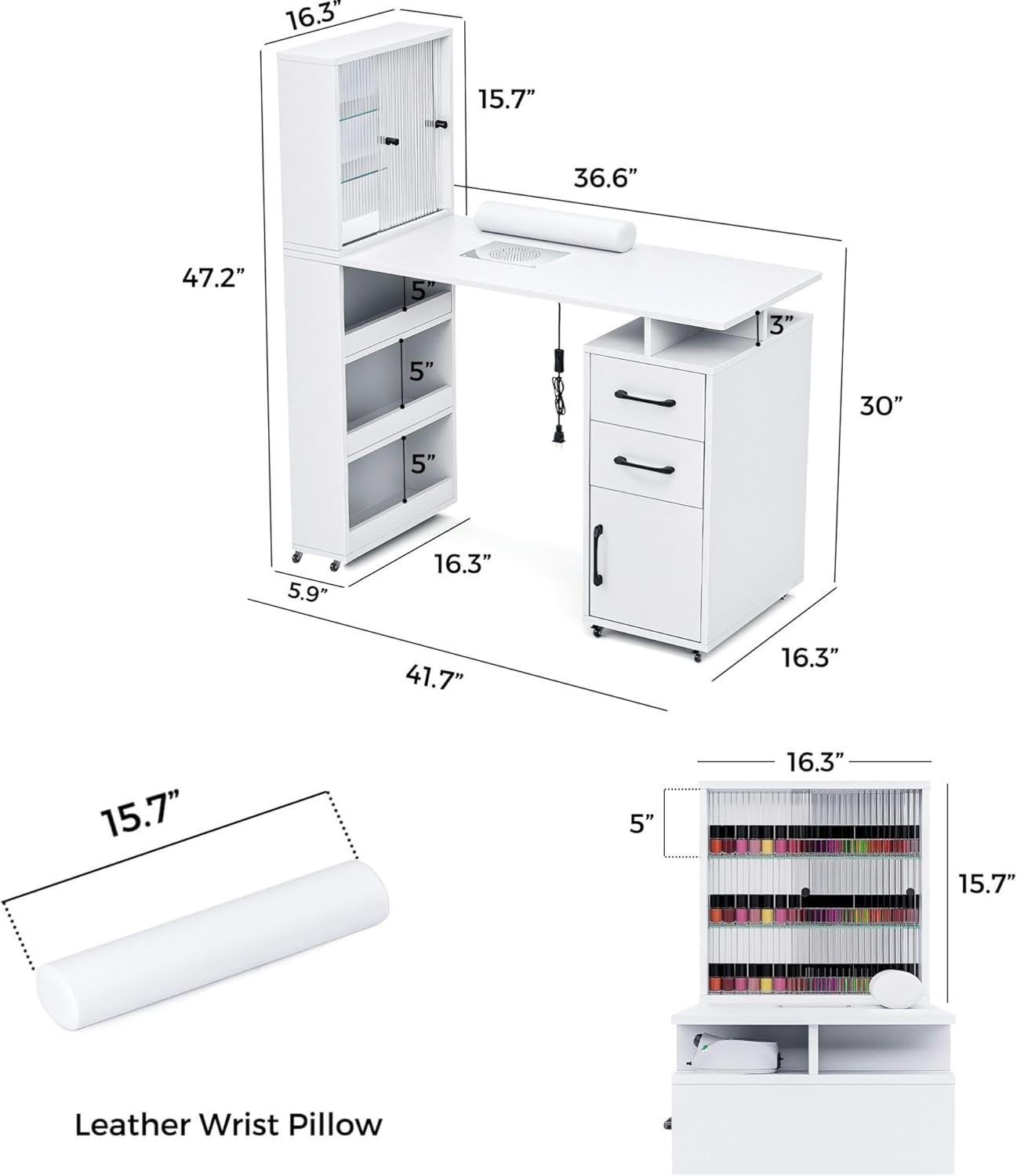 Manicure Table - Nail Desk with Glass Door Storage & Dust Collector | Acetone Resistant, White