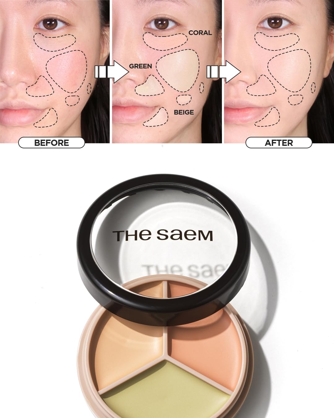 THESAEM Cover Perfection Triple Pot Concealer - Multi-Color Concealer Palette for Dark Circles & Redness | 3 Shades with Almond Oil