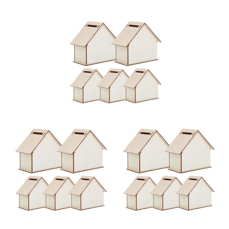 Angoily 15-Piece DIY Wooden House Piggy Bank Set Unfinished Wood Coin Bank for Kids Craft Painting Savings Container 4.13X6.49X3.93In