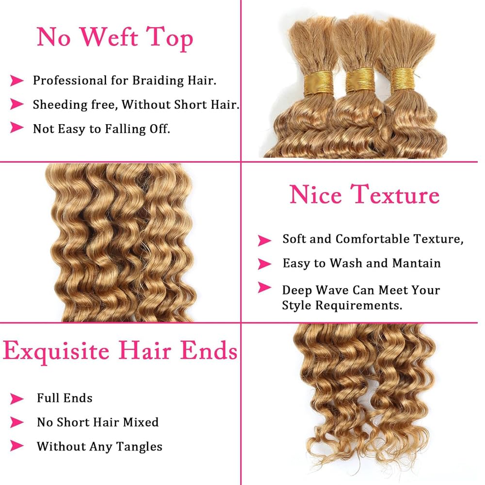 #27 Blonde Braiding Human Hair for Boho Braids Hair, 20 20 20 Inch 150g 3Pcs,Honey Blonde Water Wave Bulk Human Hair for Braiding Curly Knotless Hair Extensions,Color 27 Remy Braiding Hair